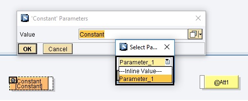 Select parameter name from the 'Constant' element settings drop down list. Mapping Import Parameter 'Parameter_1', select parameter name from drop down of content element