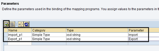 Create 'Import_p1' Simple Type Import parameter and 'Export_p1' Simple Type xsd:string export parameter