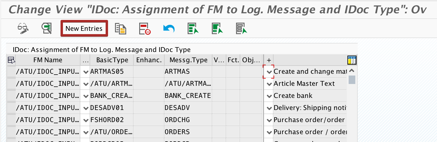 Add new entry in we57 for custom Message Type, iDoc Type and Function Module