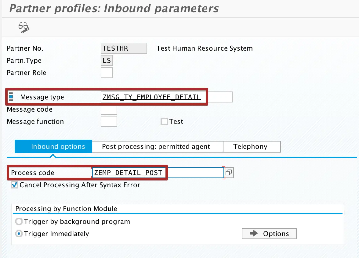 Configure Message type, Process Code and Processing Type for Inbound Parameter