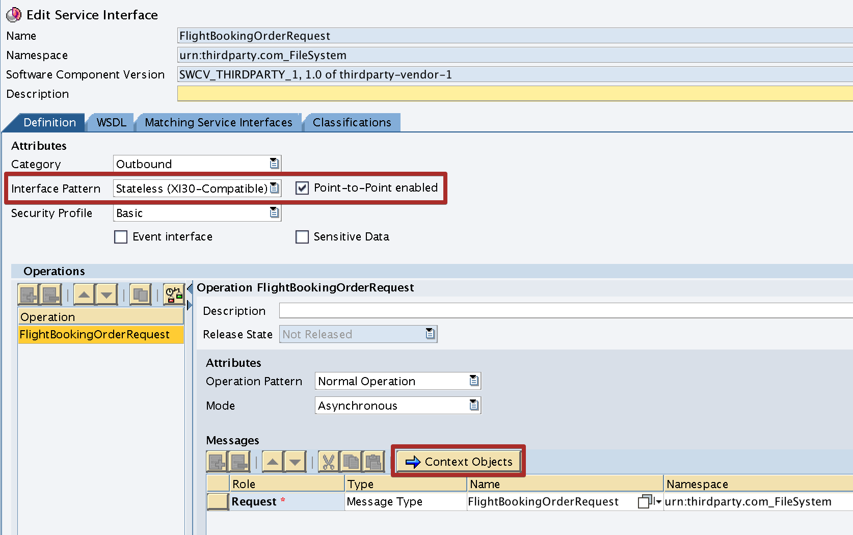 Assign Context Object to Outbound Service Interface. Only compatible with Interface Pattern 'XI30 - Compatible' 