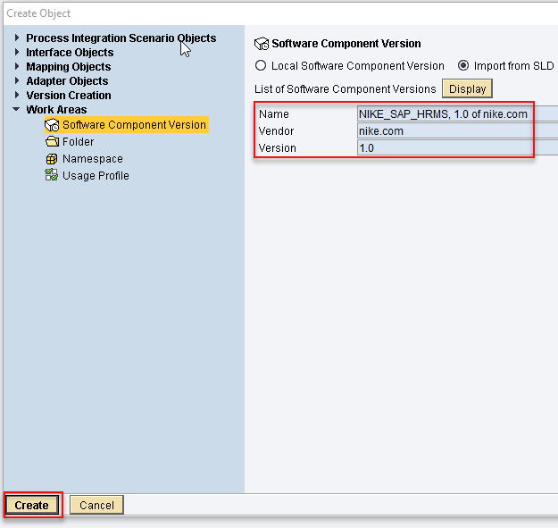 Click create to complete the import of SWCV from SLD