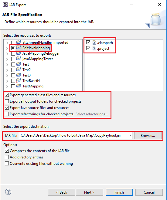 Select the Java Project content for export as .jar