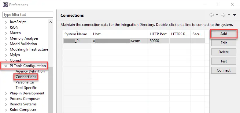 PI Tools Configuration - Add Connections in Eclipse preferences