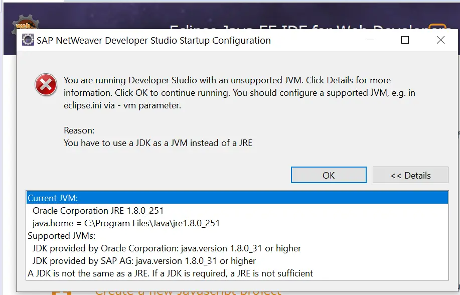 Unsupported JVM error pop up in NWDS