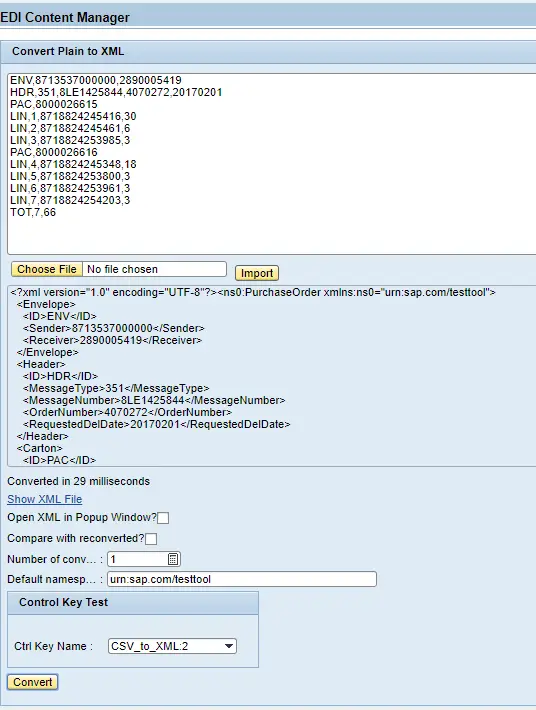 Testing the content conversion via EDI content manger's Convert plain to xml tool of B2B Add-on SAP PI/PO