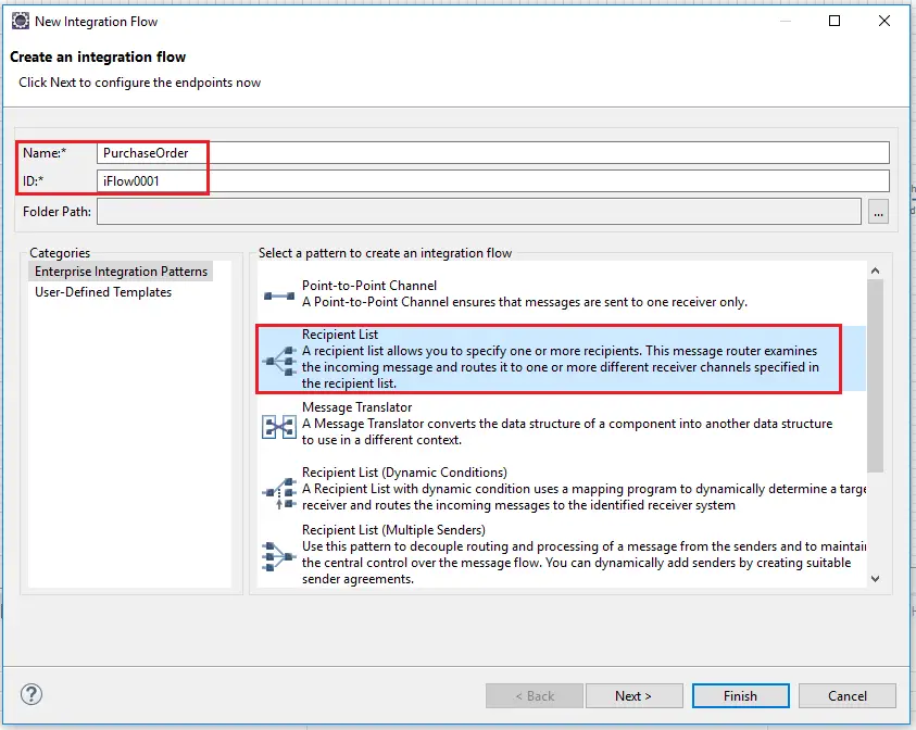 Select integration scenario pattern, point to point, receiver list etc