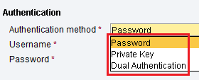 Authentication methods on sFTP Communication Channel. Password, Private Key and Duel Authentication