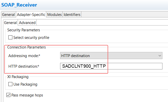 SOAP Receiver Communication Channel Adapter Specific Attributes and configuration. HTTP destination configured