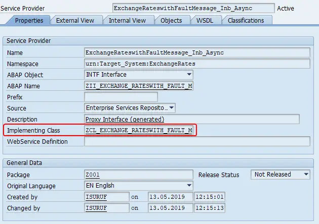 Implementing class of Service Provider in SAP back-end in SPROXY transaction