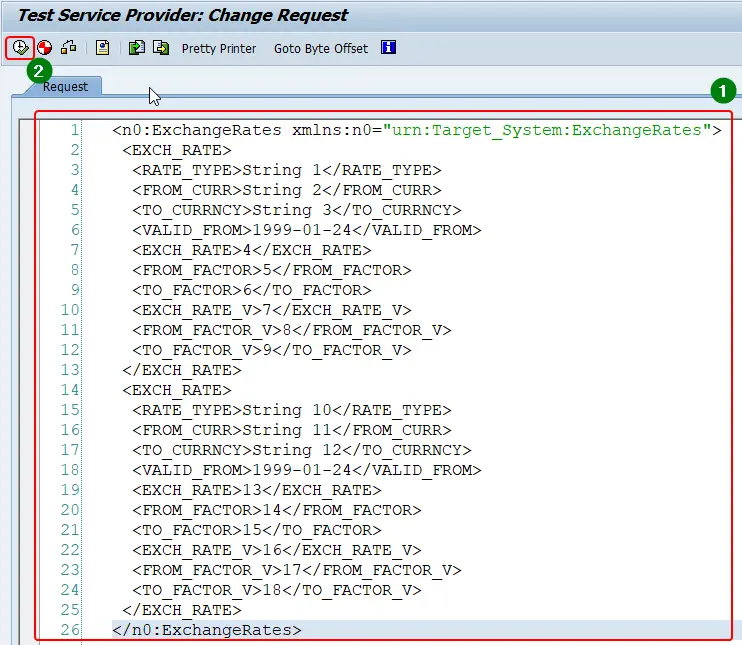 XML editor screen of proxy test in SPROXY