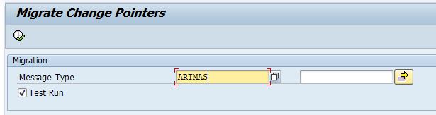 Selection screen of Change Pointers migrating program -  RBDCPMIG_ALL_WITHOUT_MIG_FLAG in transaction se38 assigned with selection screen parameter Message Type.