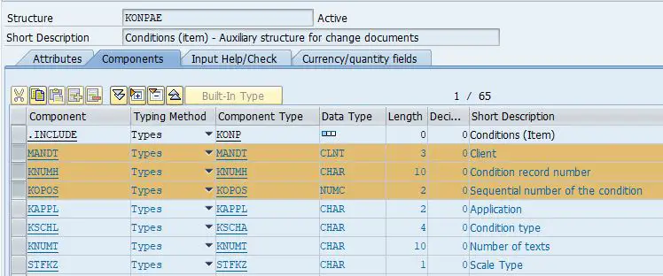 Price conditions items master data structure KONPAE with key fields client, condition record number and sequential number of the condition highlighted.