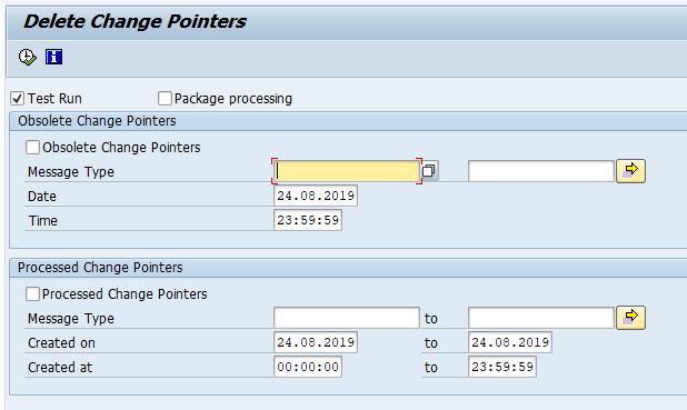 Selection screen of Change Pointers clearing program RBDCPCLR with options, obsolete change pointers, message type, data, time, processed change pointers, message type, created on, created at and test run.