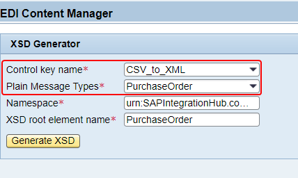 In B2B add-on EDI content manger, select Control key name and plain Message Type in XSD Generator to create the XSD