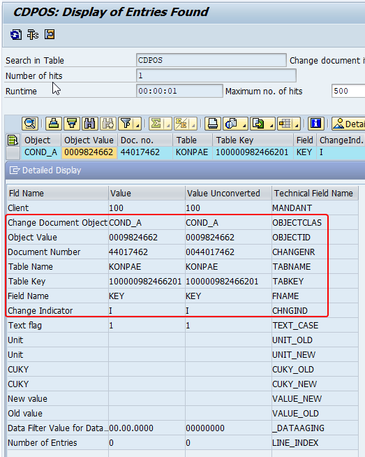 Sample CDPOS table entry with fields Change Document, object value, table name, table key, field name, change indicator. 