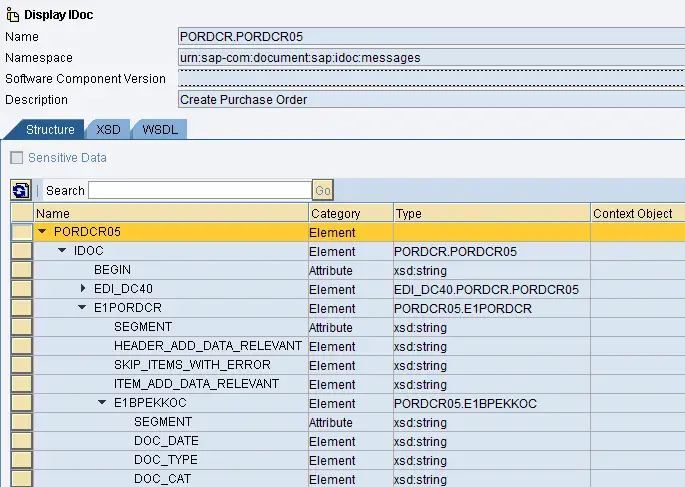 iDoc metadata of idoc PORDCR.PORDCR05 imported to ESR