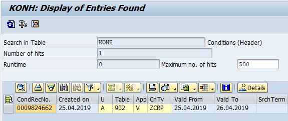 Master data entry updated by Change Pointers - Conditions Header (KONH) in transaction se16n