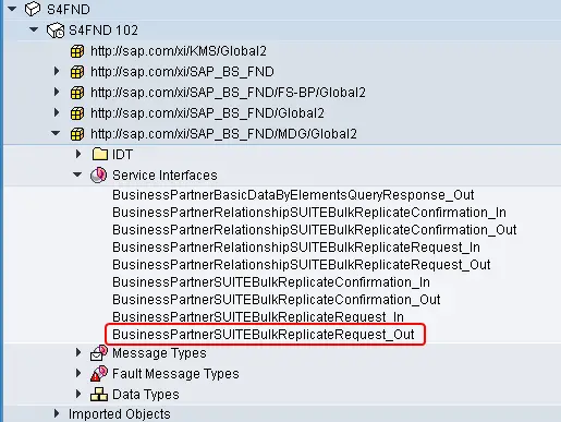 Standard proxy (SOAP) service BusinessPartnerSUITEBulkReplicateRequest_Out and other standard services of SWCV S4FND imported in ESR