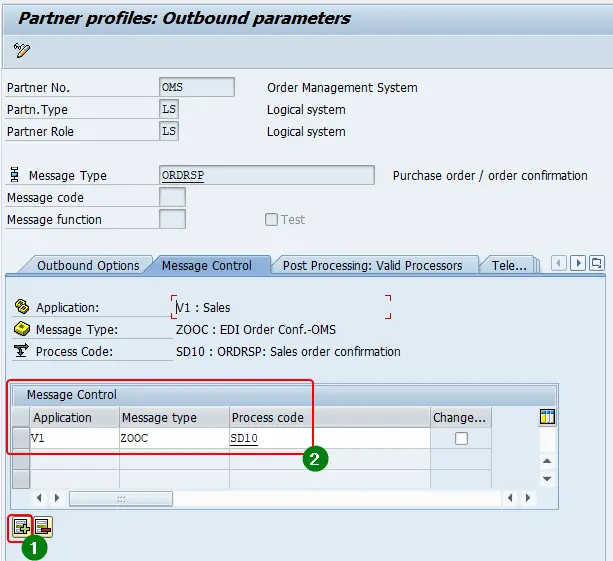 Application, Message Type and Process Code configuration of Message Control of partner profile. Application v1, message type ZOOC and process code SD10