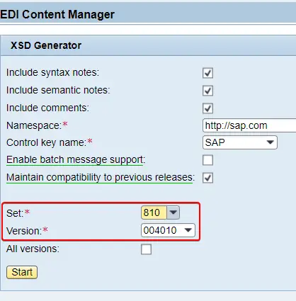 Message Type and Version Selection of XSD Generator of EDI content manager.