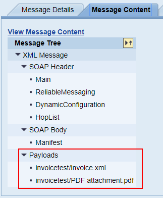 XI Message content, Main Payload, and Attachment show in the message monitor. Message content tab of the message monitor of sap PI PO