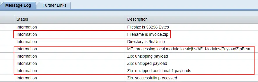 Input zip file unzipped by sender adapter shown in the Message Log. Adapter module has created two uncompressed payloads from the zip file. First attachment is the main payload and the 2nd PDF attachment.