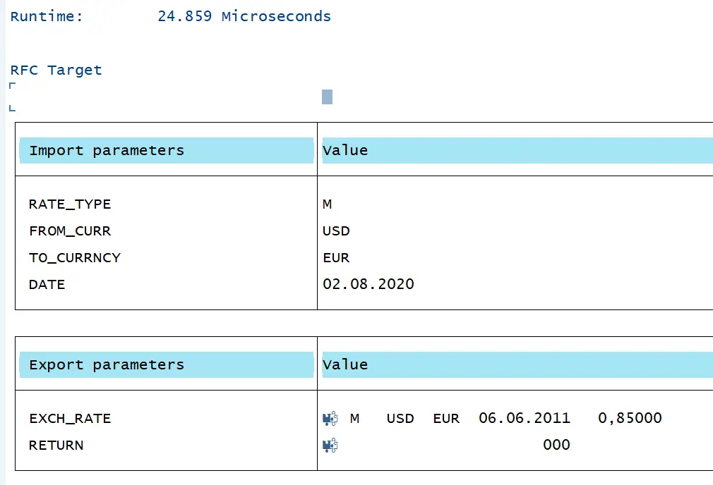 Output of the exchange rate fetch BAPI shown in se37 transaction.