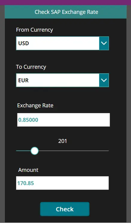 User interface of the SAP exchange rate checking power app. 