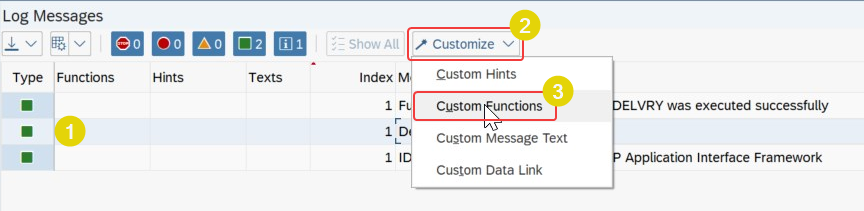 Message log selected and custom functions selected from the drop down menu of AIF ERR 