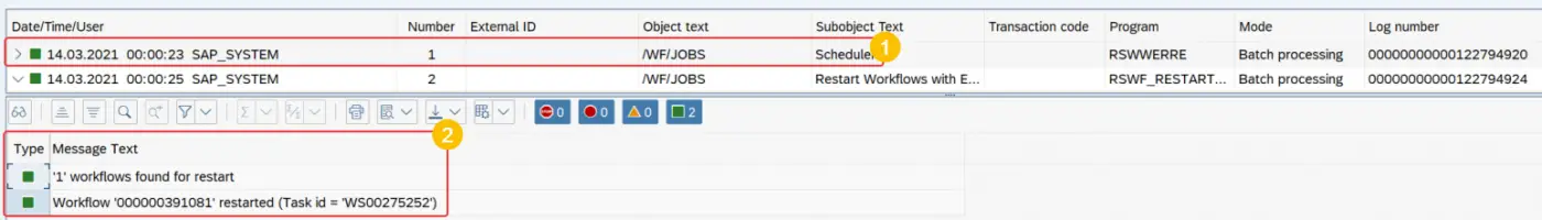 view of application log transaction SLG1. Screen showing log header and multiple problem class messages in SAP S4 HANA.