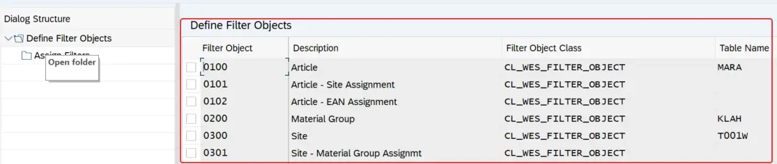 Configuration screen of WESIMG to define filter objects. List of filter objects shown.