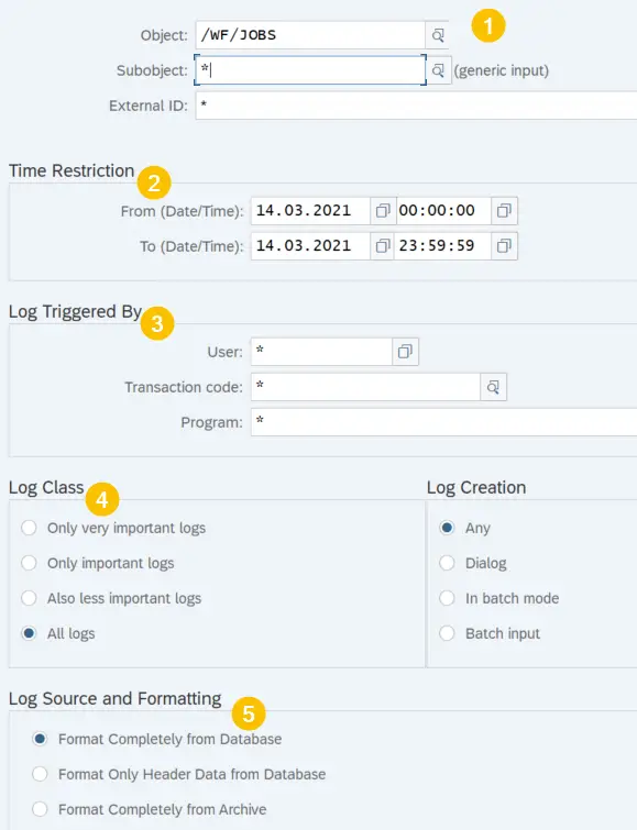 Selection screen of transaction slg1 with different select options highlighted.