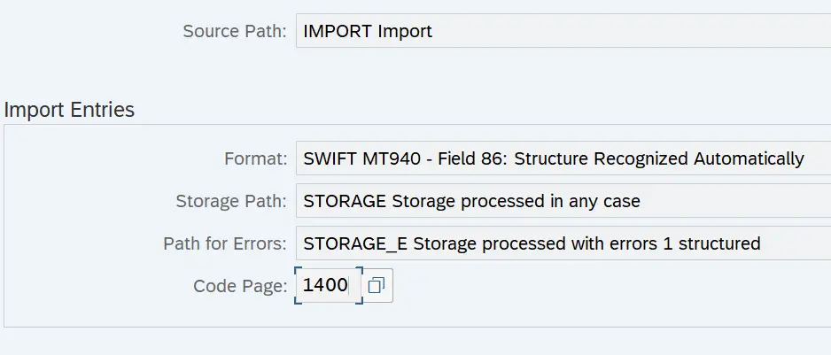 SAP SPRO node to configure import parameters of the logical path. Format, storage path, path for errors and code page.