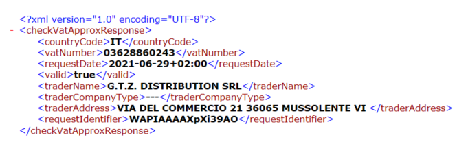 The XML results of the VIES VAT check. The results with country code, vat number, weather the VAT number is valid or not shown here.