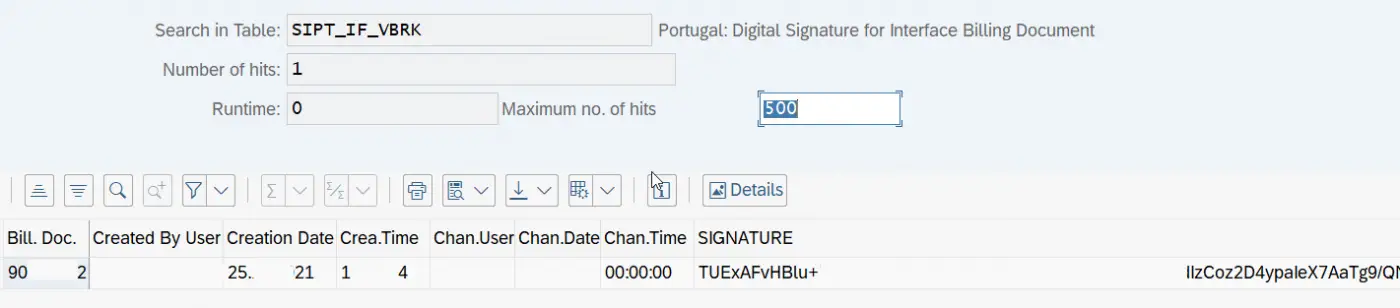Signature hash stored in SAP S4 HANA table SIPT_IF_VBRK with SAP billing document number.