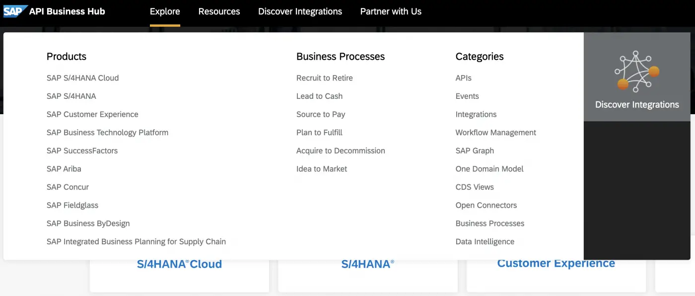 SAP business hub home page, products, business process and categories. APIs, events, integrations and date intelligence