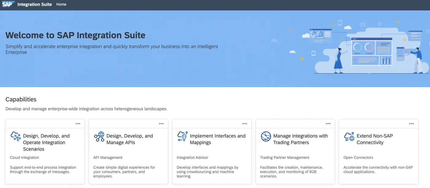 home screen of SAP integration suite showing capabilities, cloud integration, API management, trading partner management, open-connectors